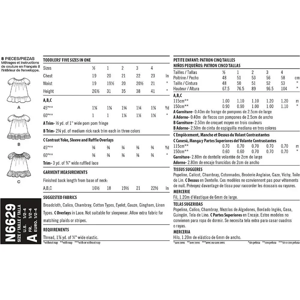 New Look Sewing Pattern N6629 10100 Dress Toddlers‎ Size 1/2-4